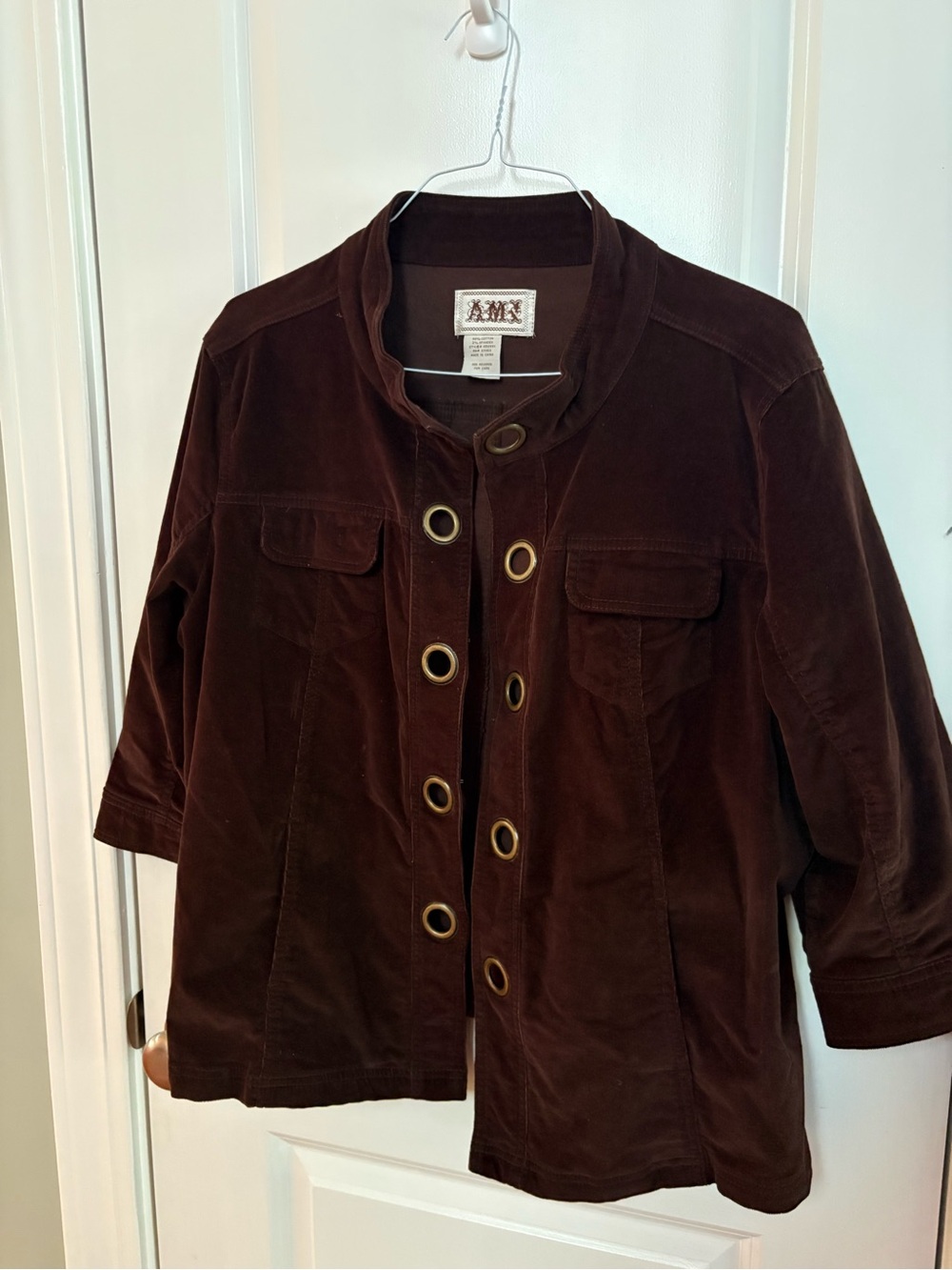 Utility Velvet Jacket with Grommet Detail in Dark Brown